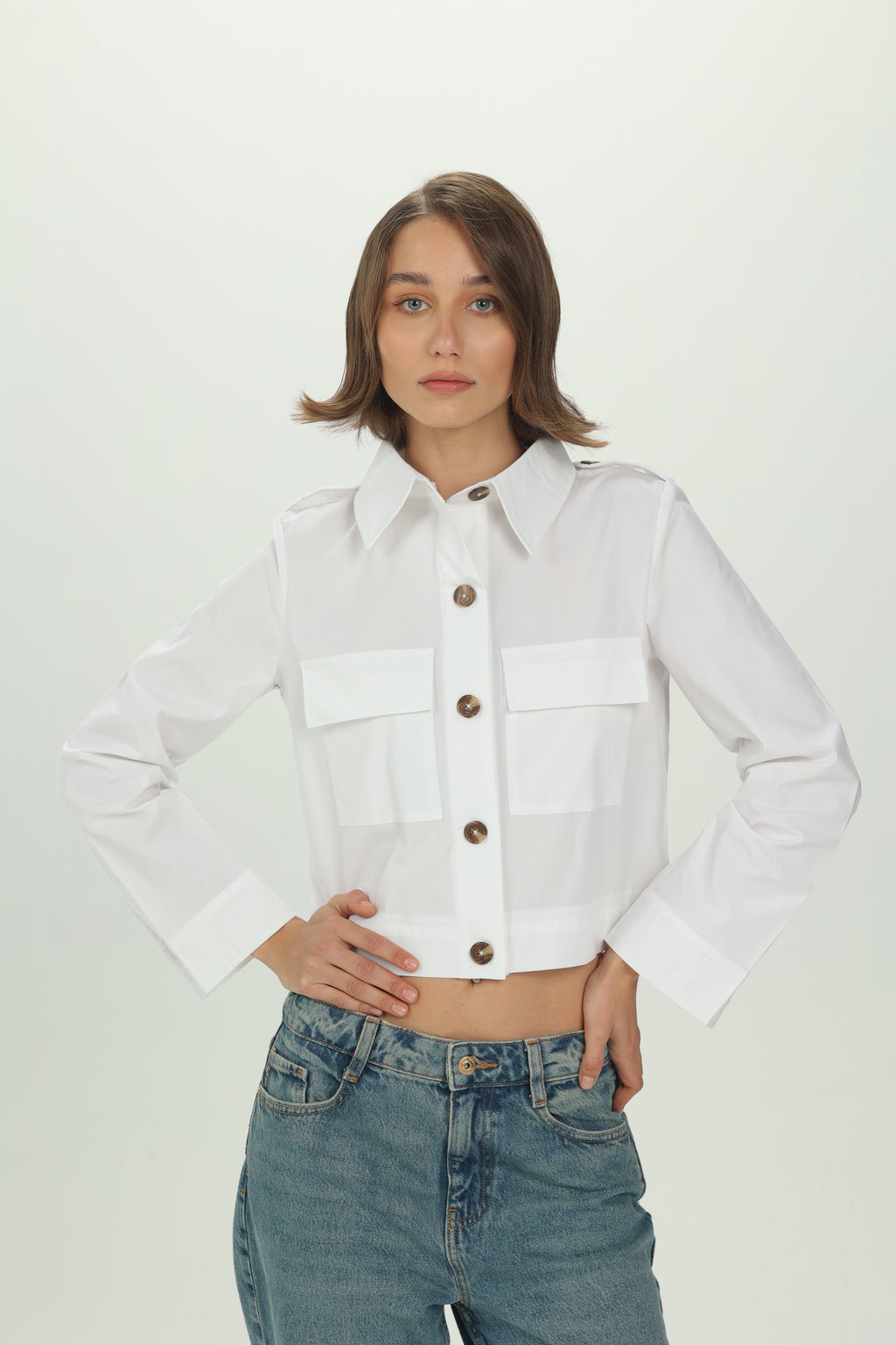 White Structured Pocket Crop Shirt