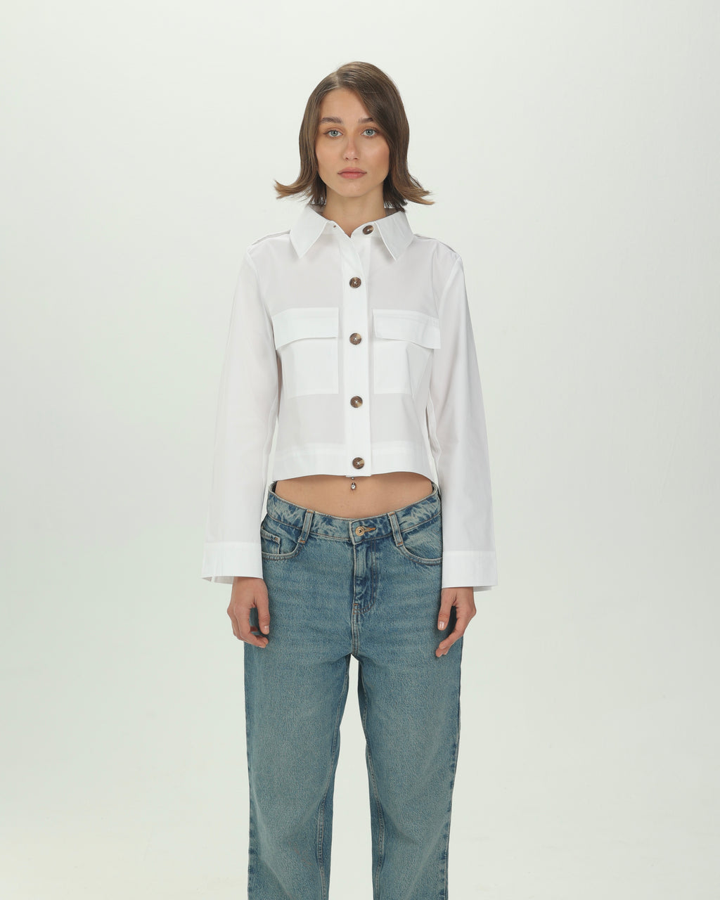 White Structured Pocket Crop Shirt