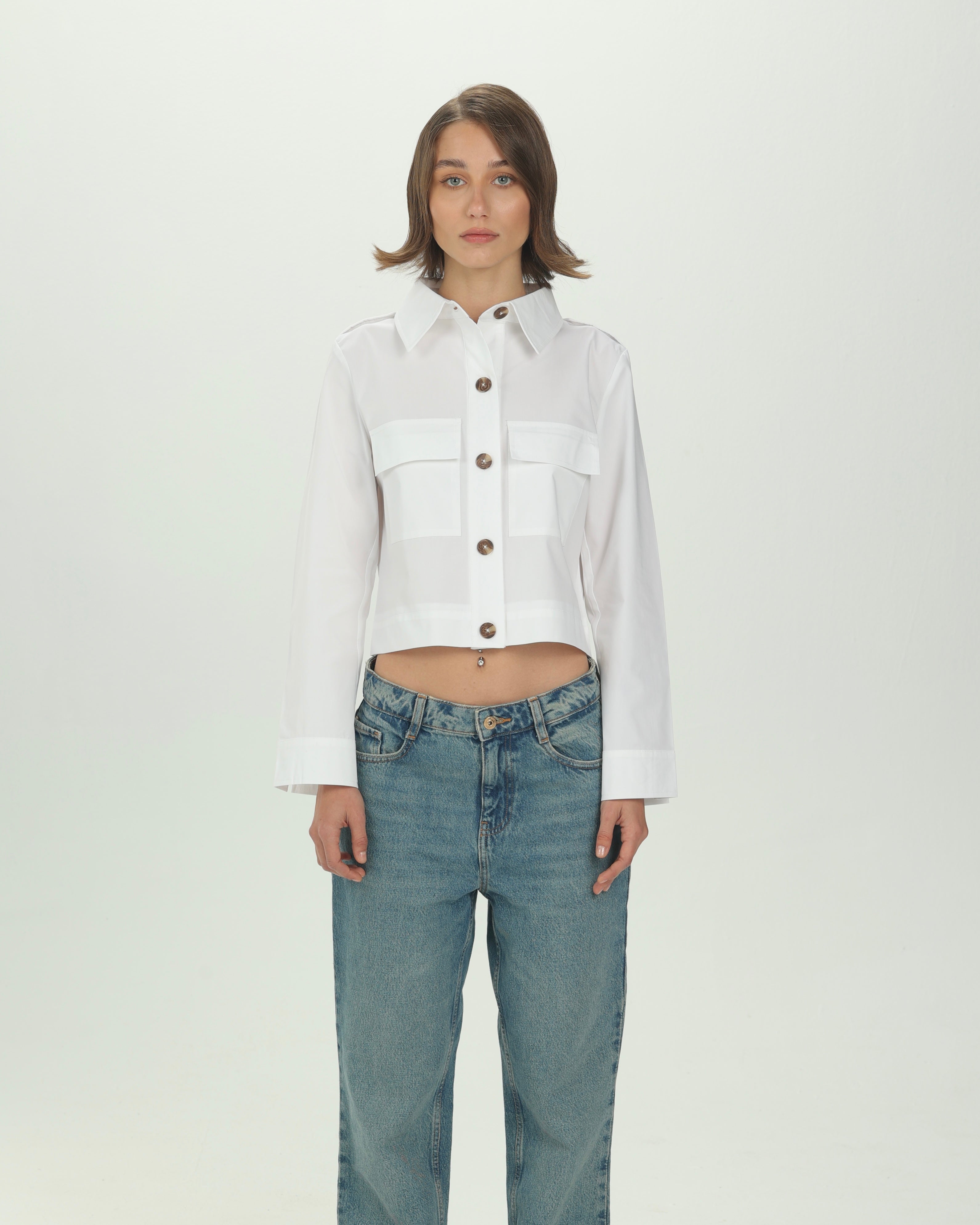 White Structured Pocket Crop Shirt