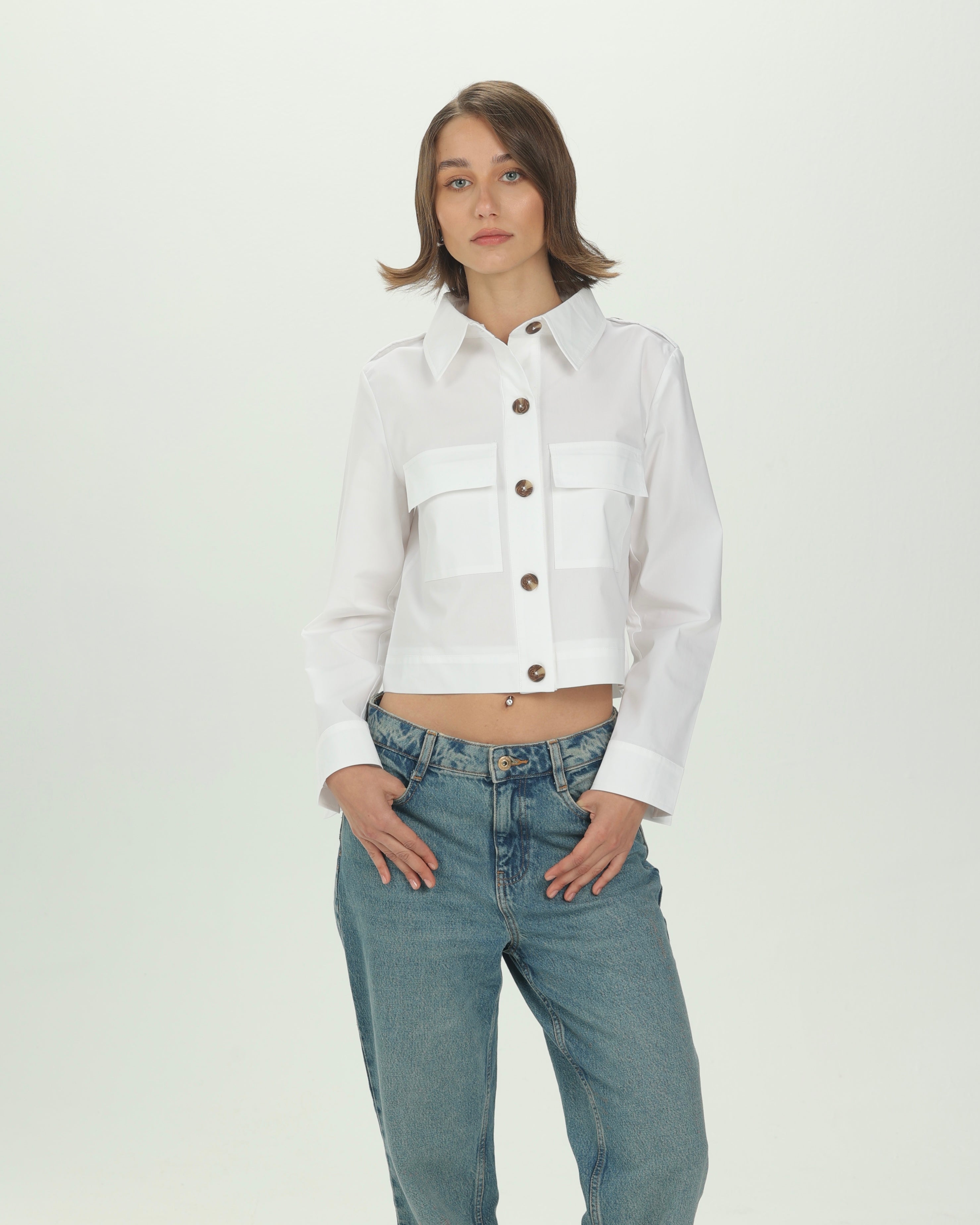 White Structured Pocket Crop Shirt