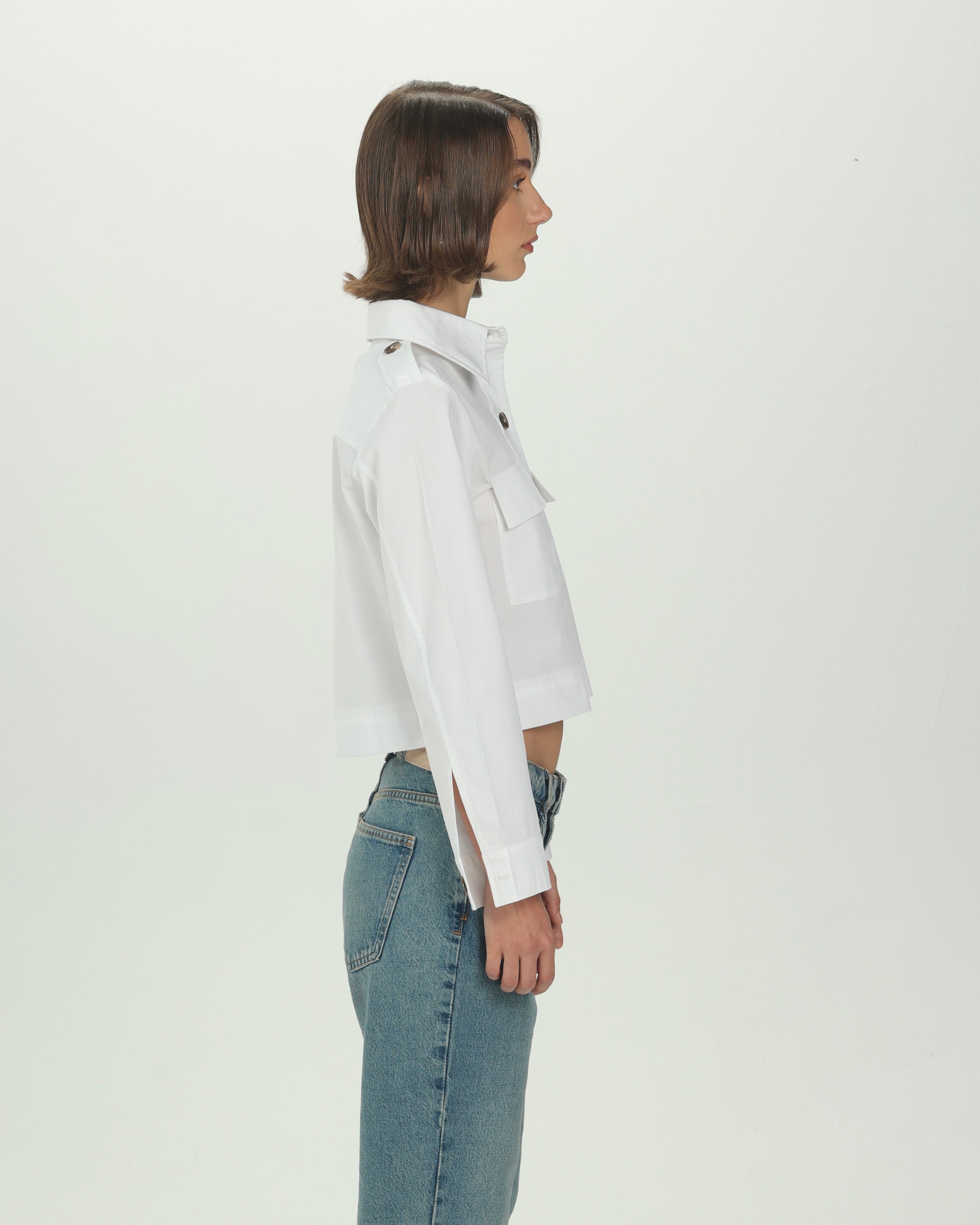 White Structured Pocket Crop Shirt