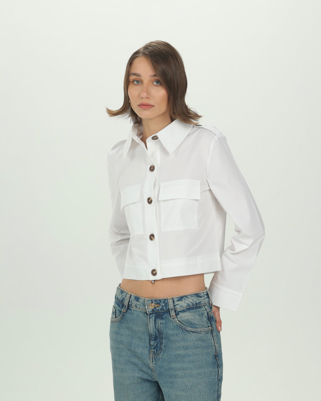 White Structured Pocket Crop Shirt
