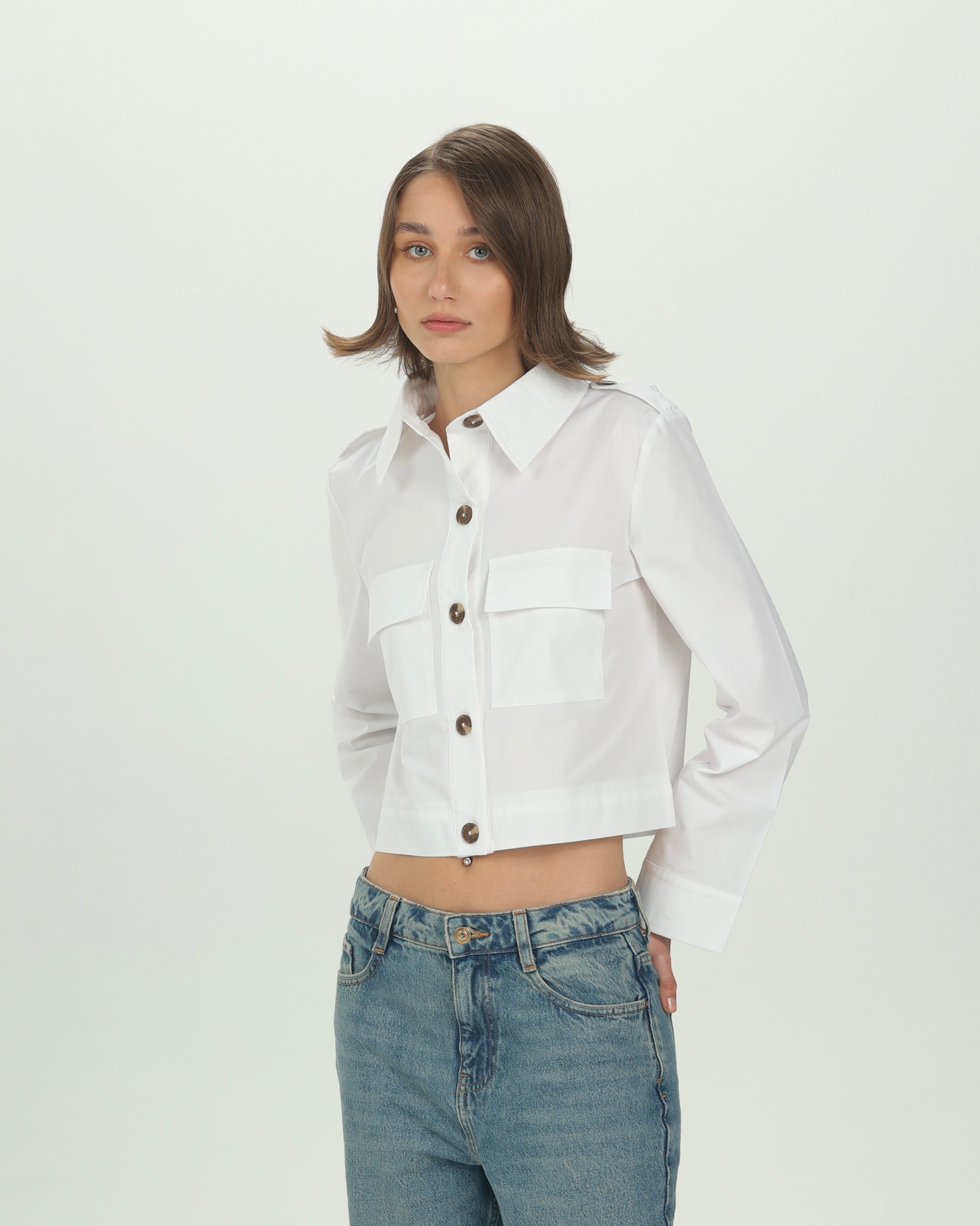 White Structured Pocket Crop Shirt