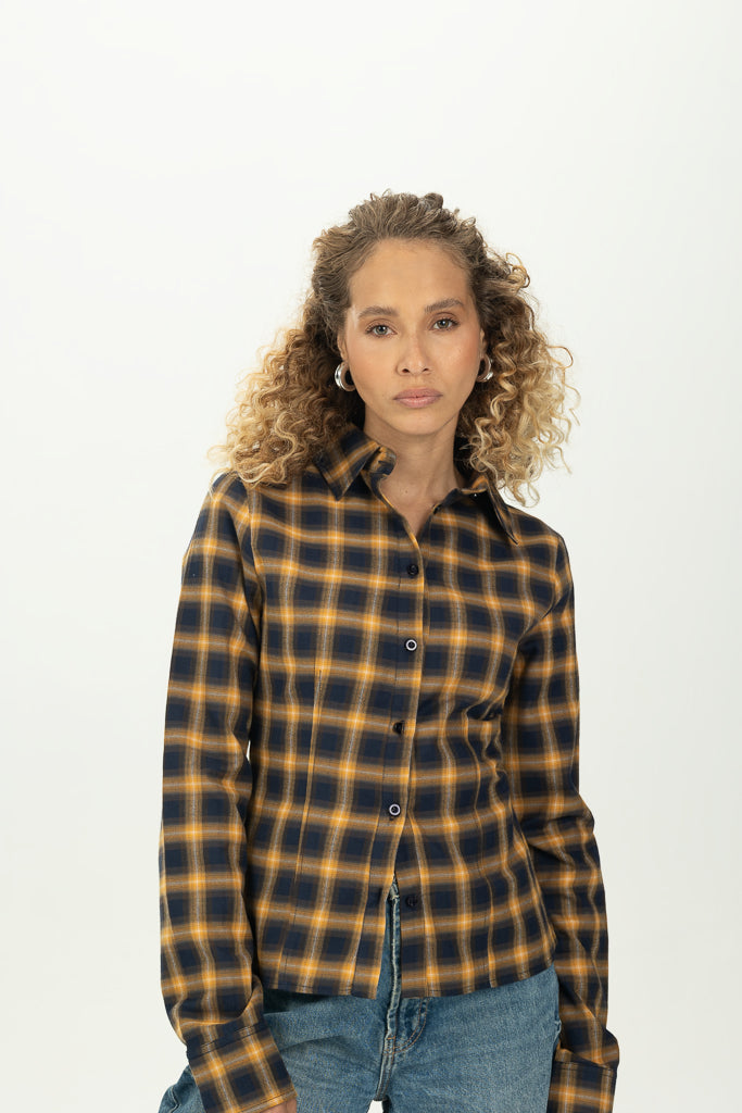 Checked Navy Fitted Button-Down Shirt