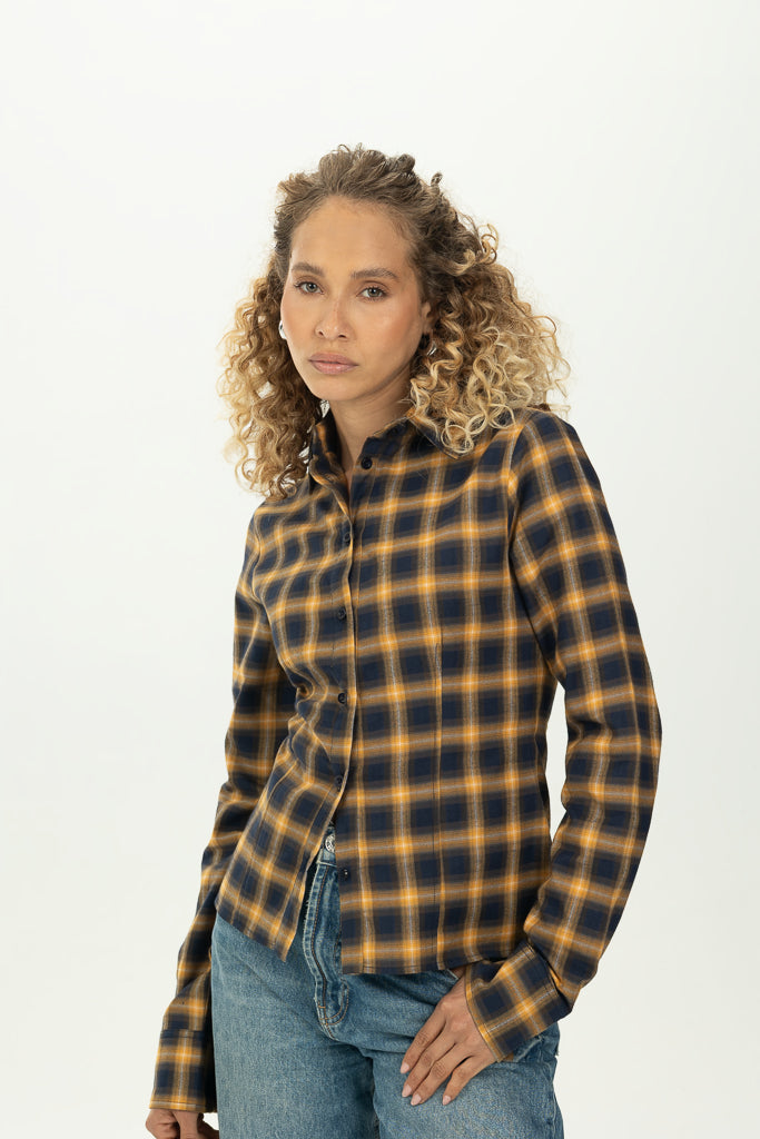 Checked Navy Fitted Button-Down Shirt