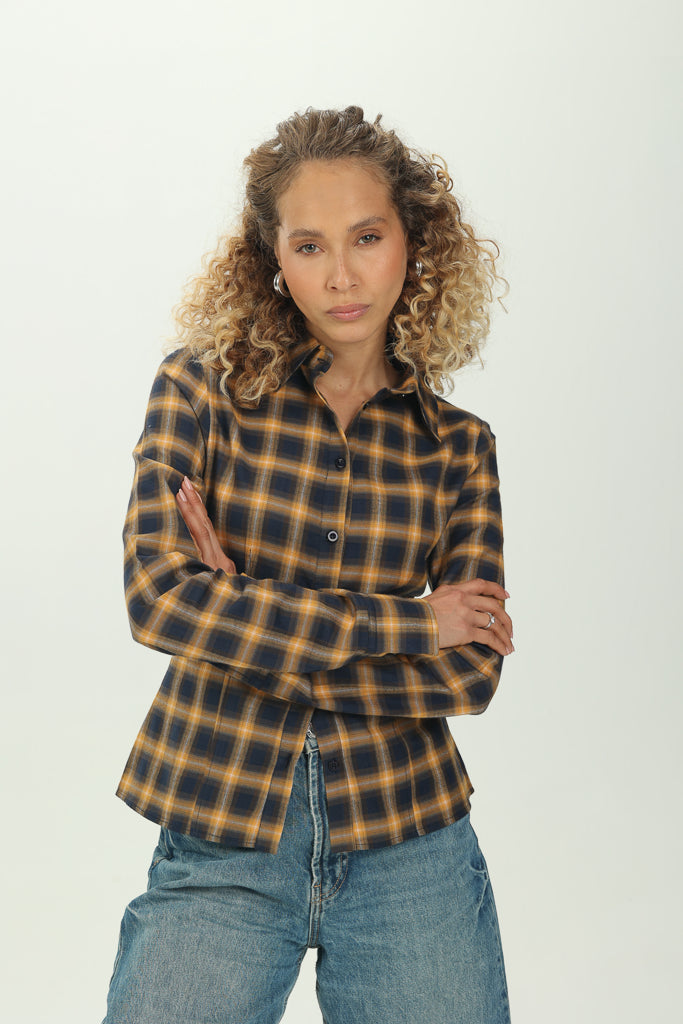 Checked Navy Fitted Button-Down Shirt