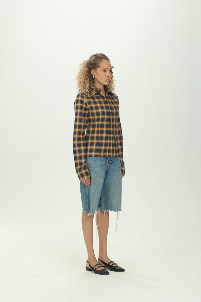 Checked Navy Fitted Button-Down Shirt