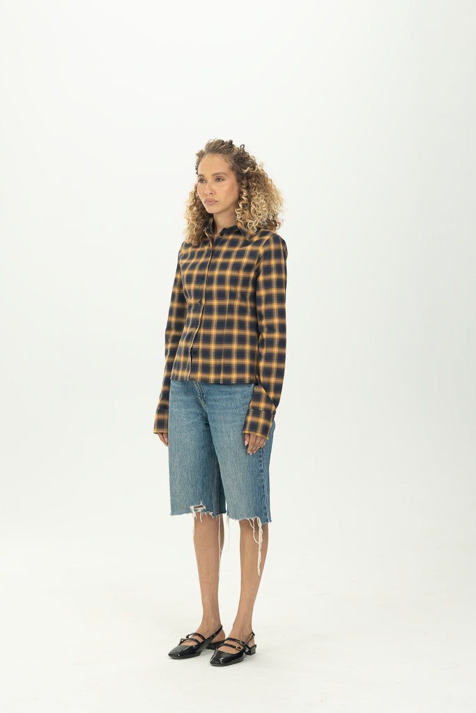 Checked Navy Fitted Button-Down Shirt