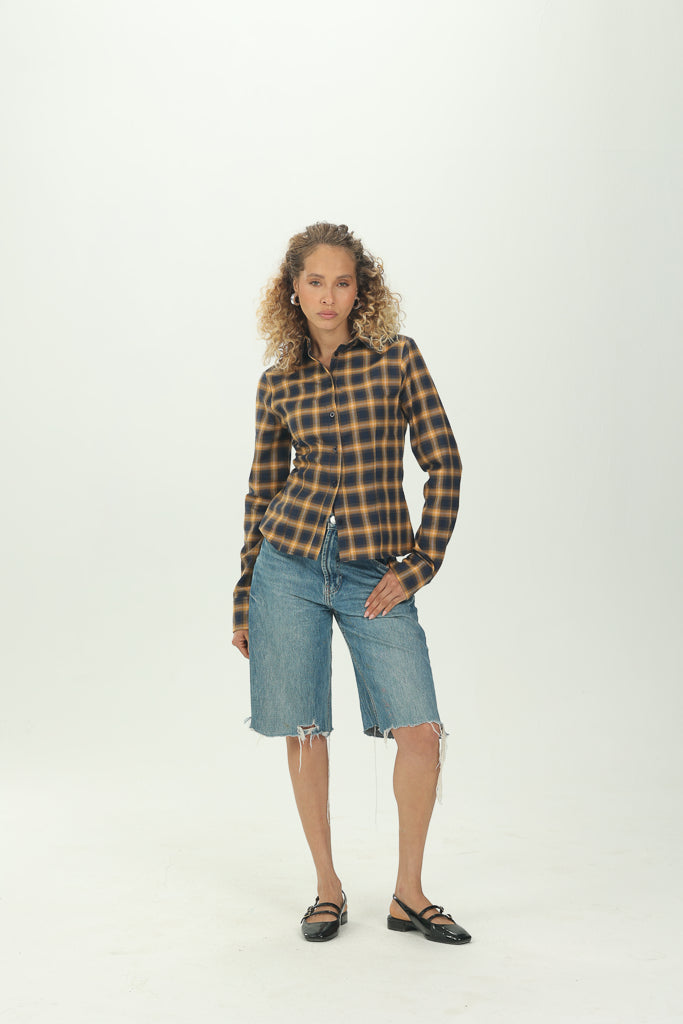 Checked Navy Fitted Button-Down Shirt