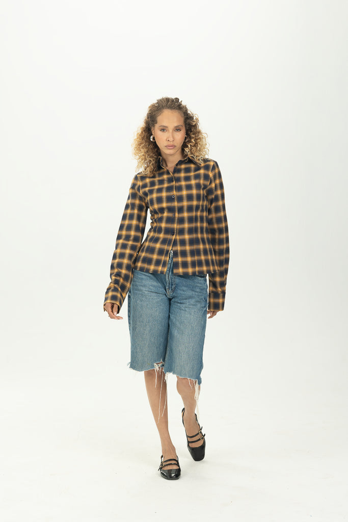 Checked Navy Fitted Button-Down Shirt