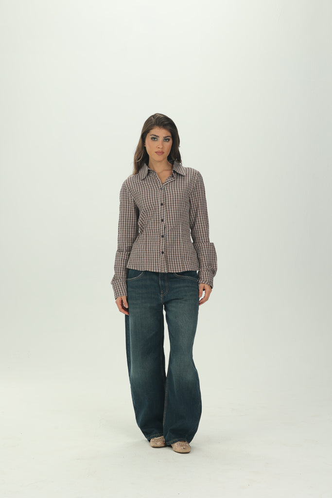 Checked Brown Fitted Button-Down Shirt