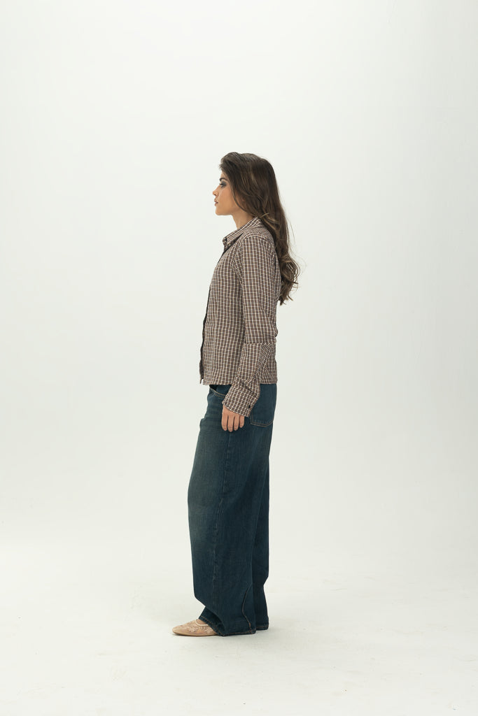 Checked Brown Fitted Button-Down Shirt