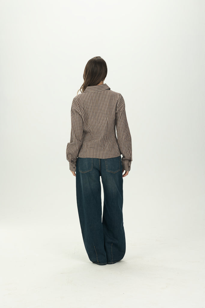 Checked Brown Fitted Button-Down Shirt