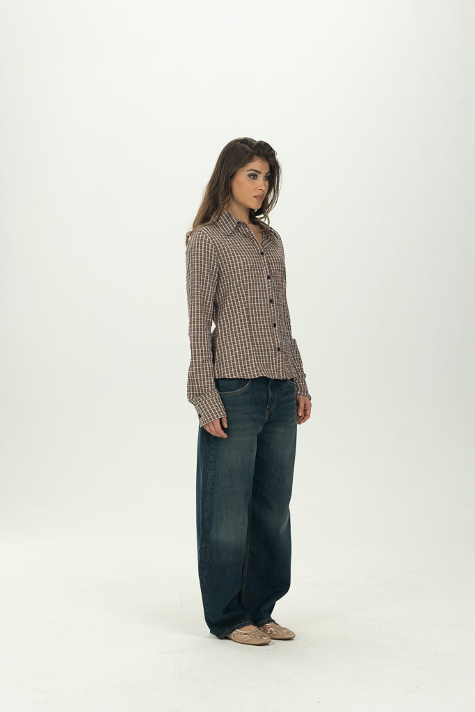 Checked Brown Fitted Button-Down Shirt