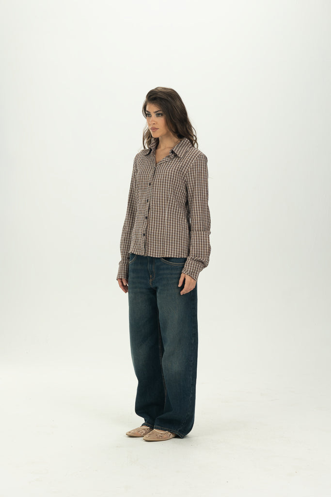Checked Brown Fitted Button-Down Shirt