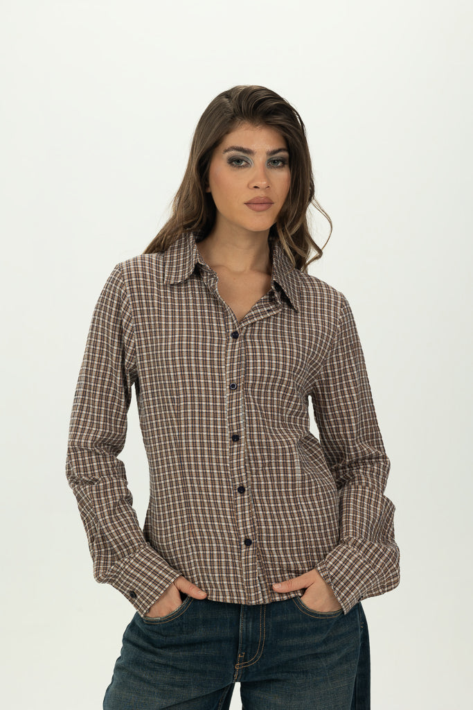 Checked Brown Fitted Button-Down Shirt