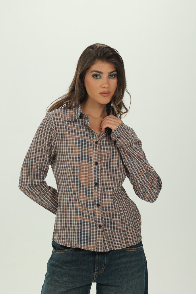 Checked Brown Fitted Button-Down Shirt