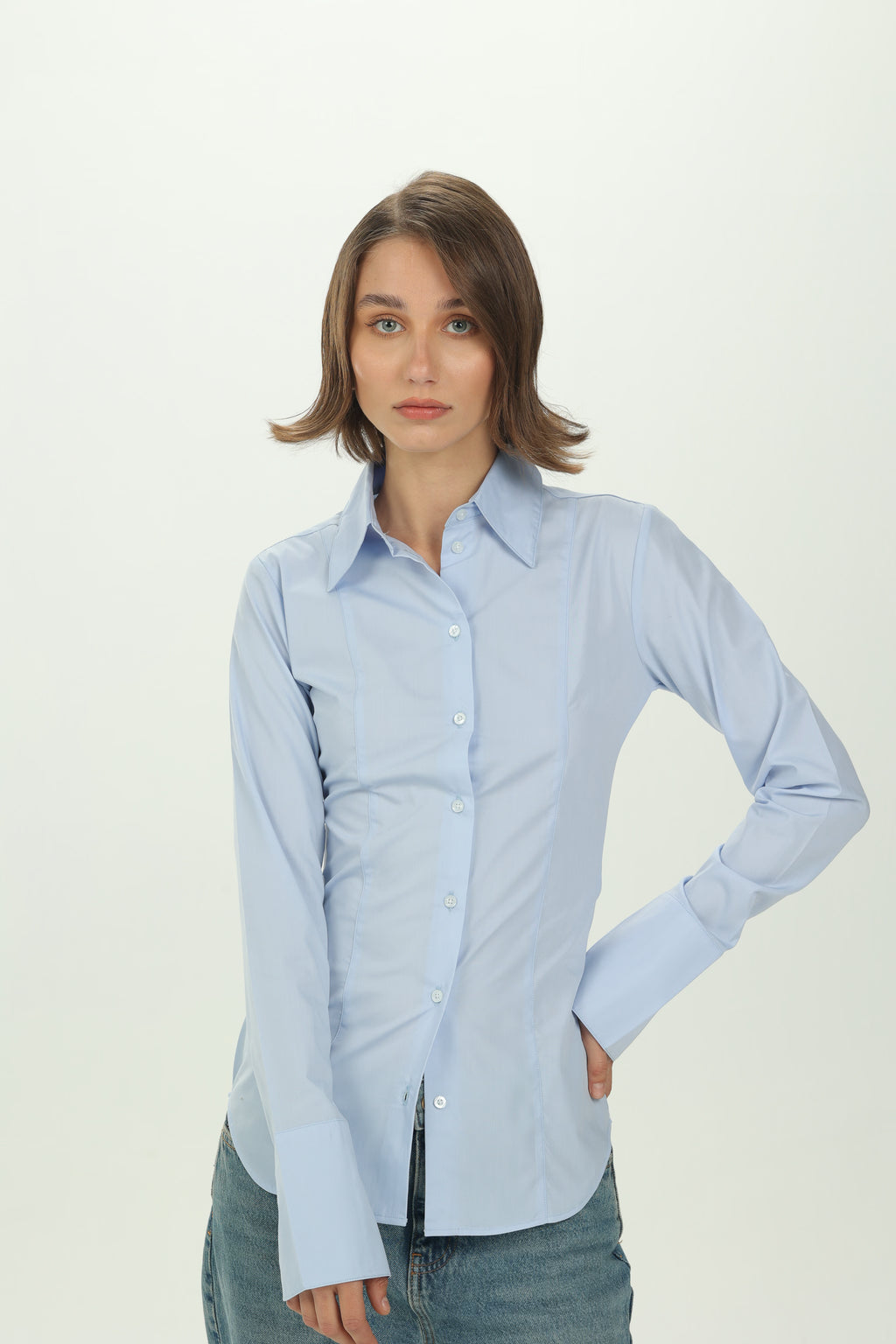 Baby Blue Pintuck Fitted Shirt