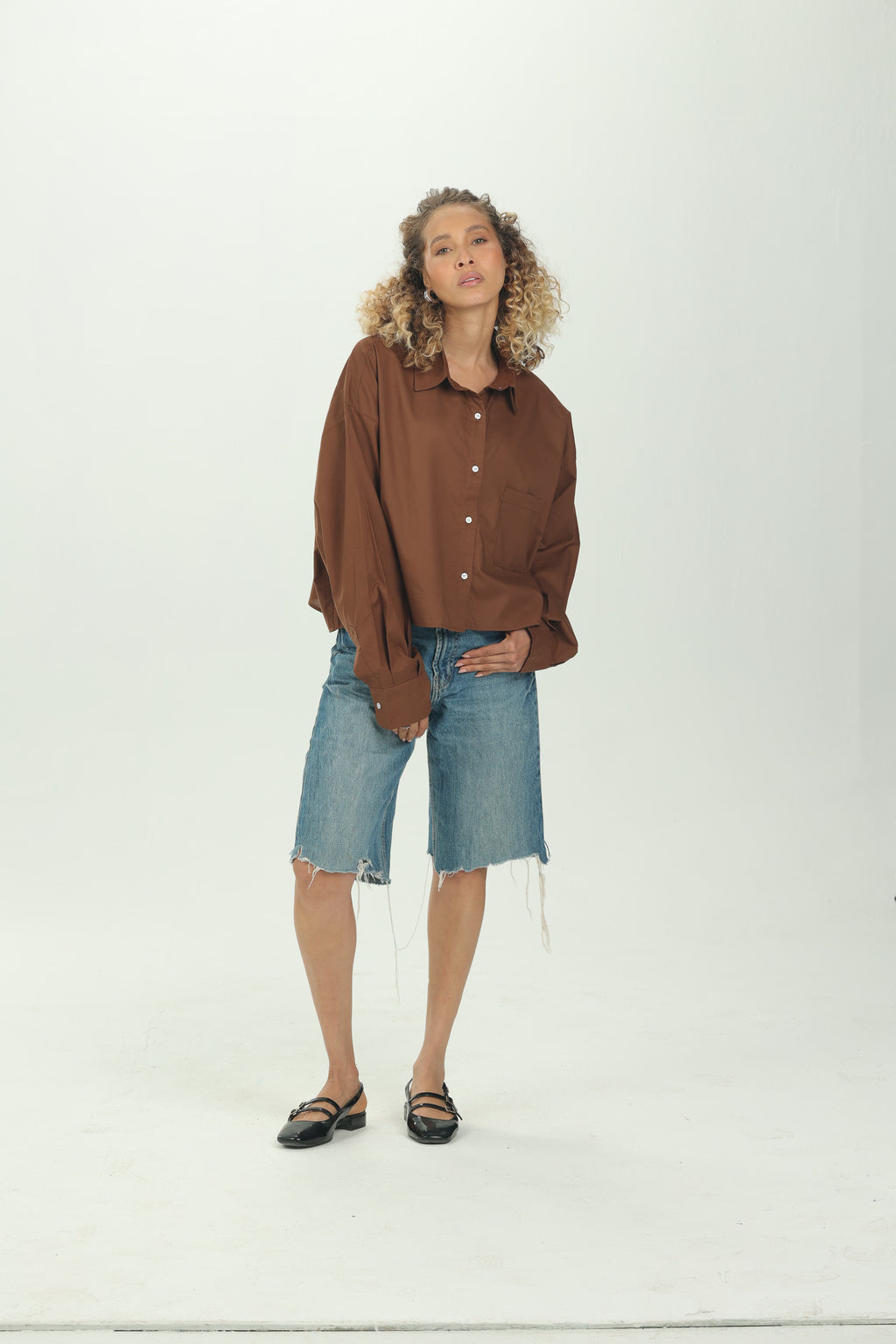 Brown Cropped Oversized Shirt