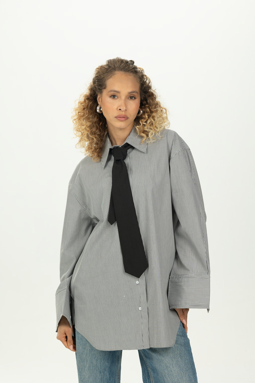 Striped Black Tie Detail Oversized Shirt