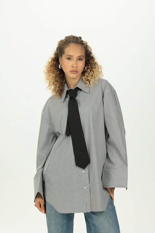 Striped Black Tie Detail Oversized Shirt