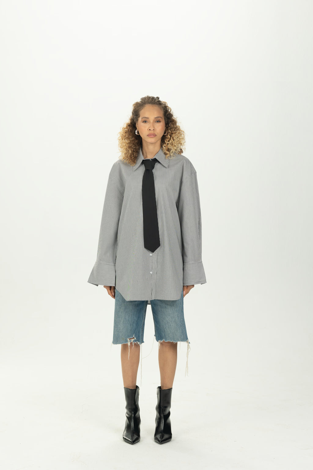 Striped Black Tie Detail Oversized Shirt