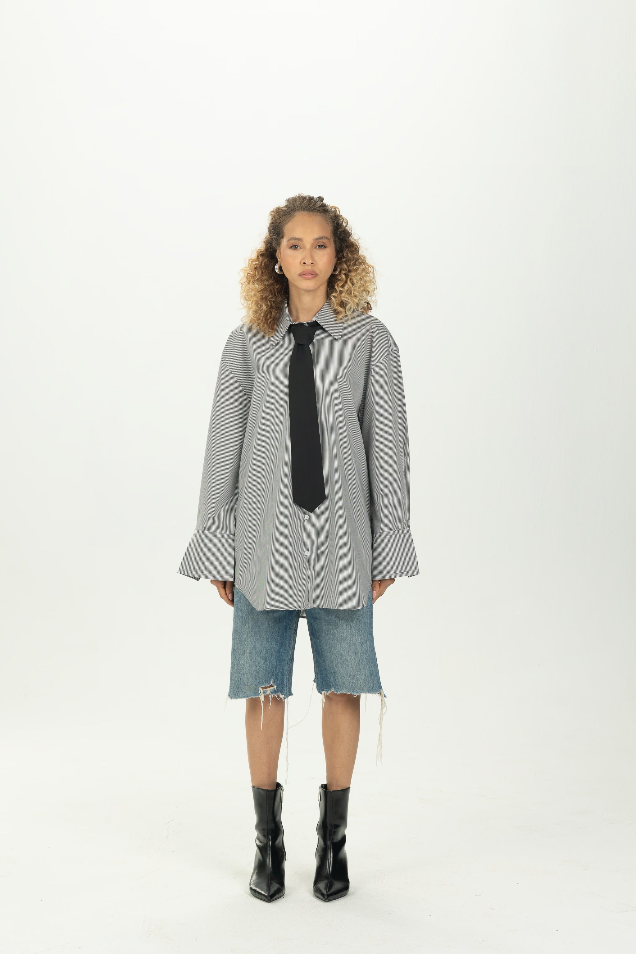 Striped Black Tie Detail Oversized Shirt