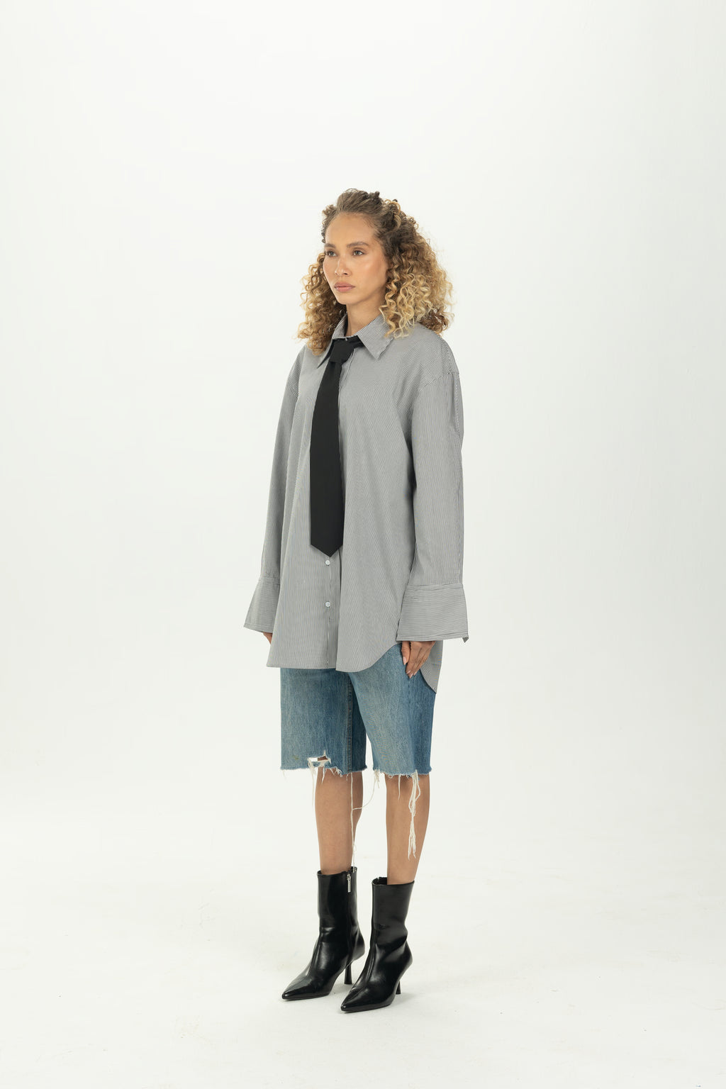 Striped Black Tie Detail Oversized Shirt