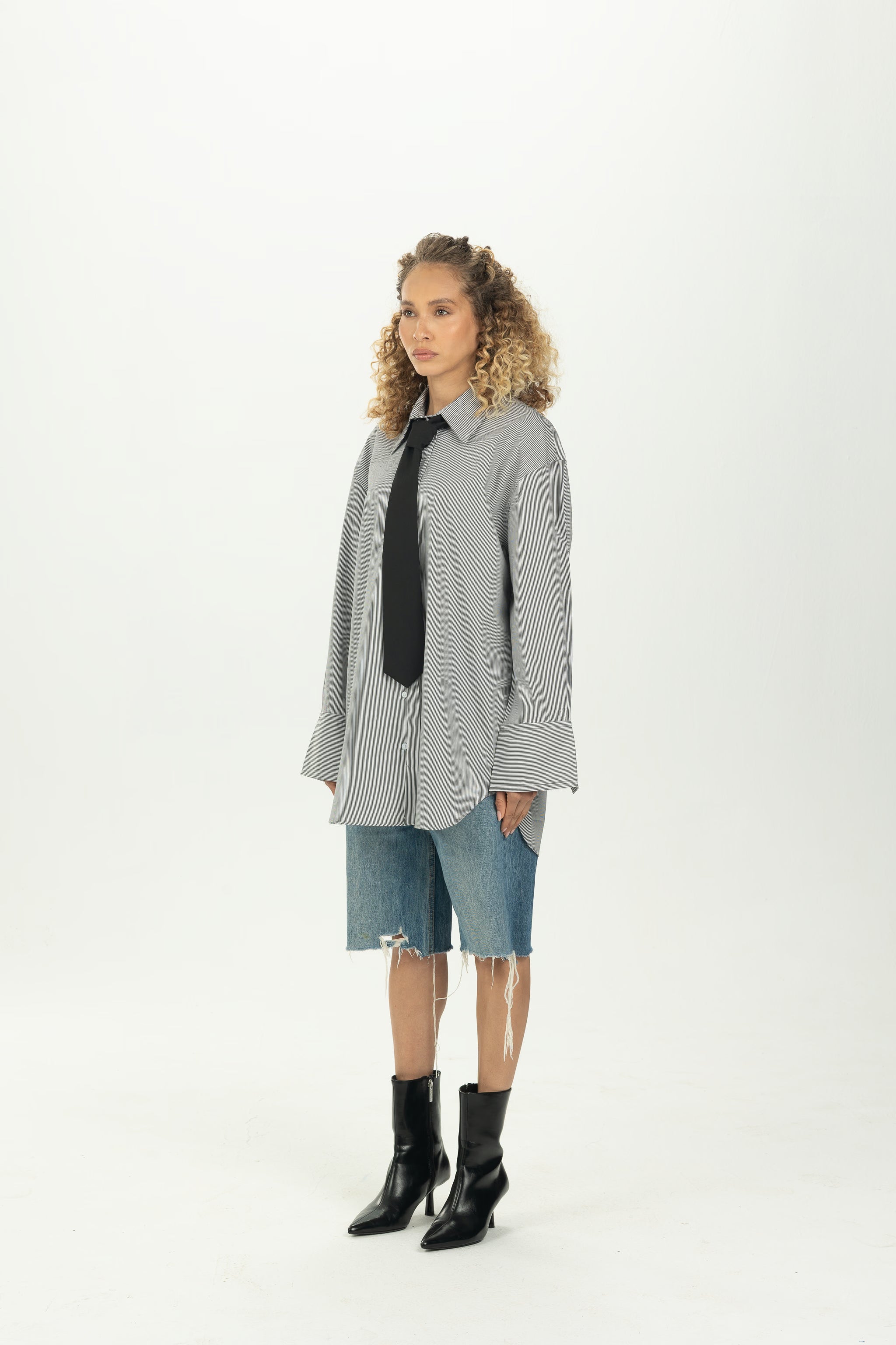 Striped Black Tie Detail Oversized Shirt