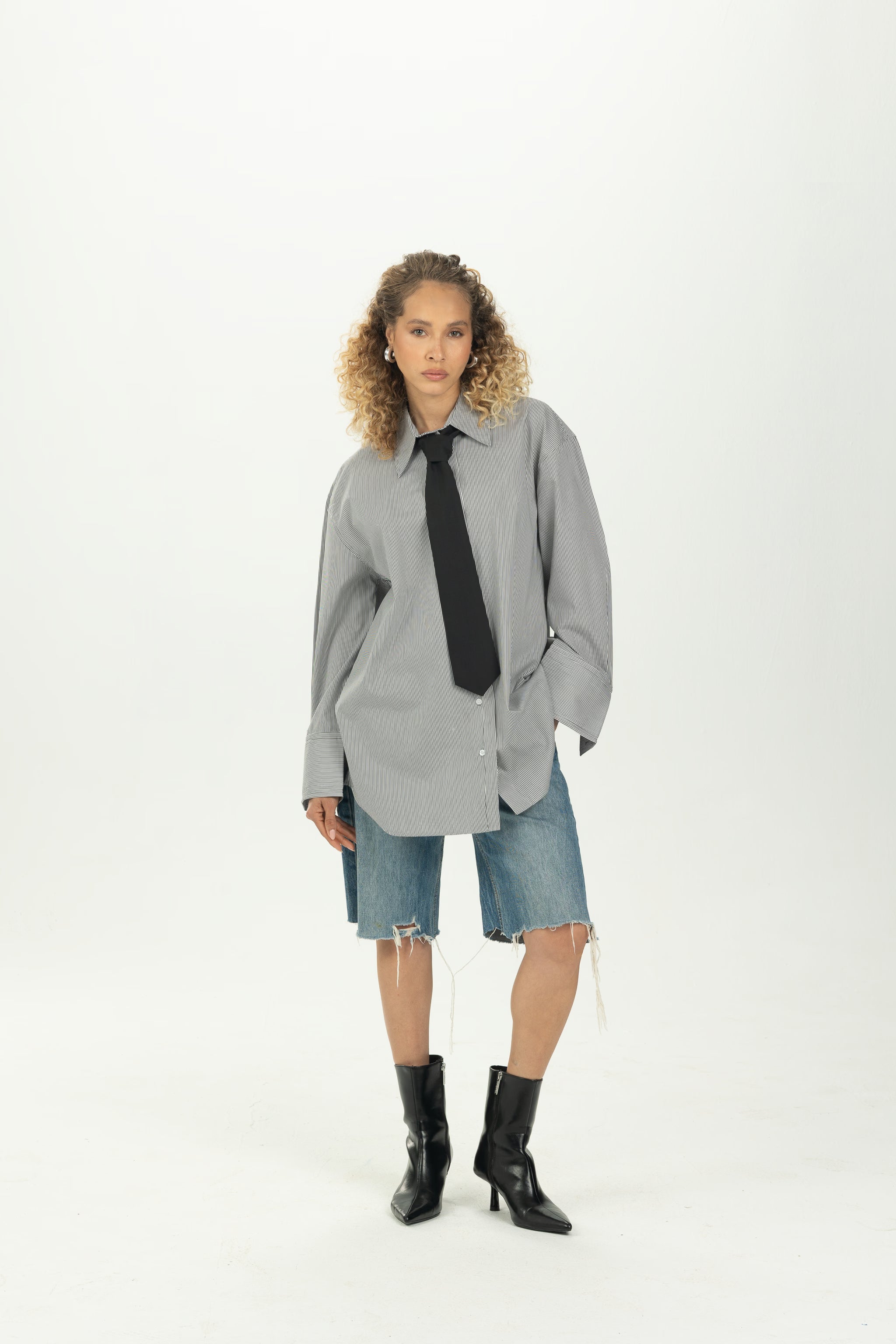 Striped Black Tie Detail Oversized Shirt