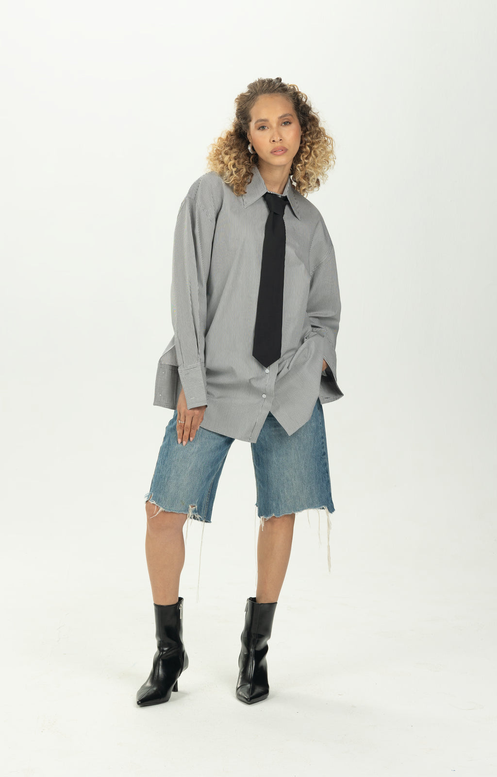 Striped Black Tie Detail Oversized Shirt