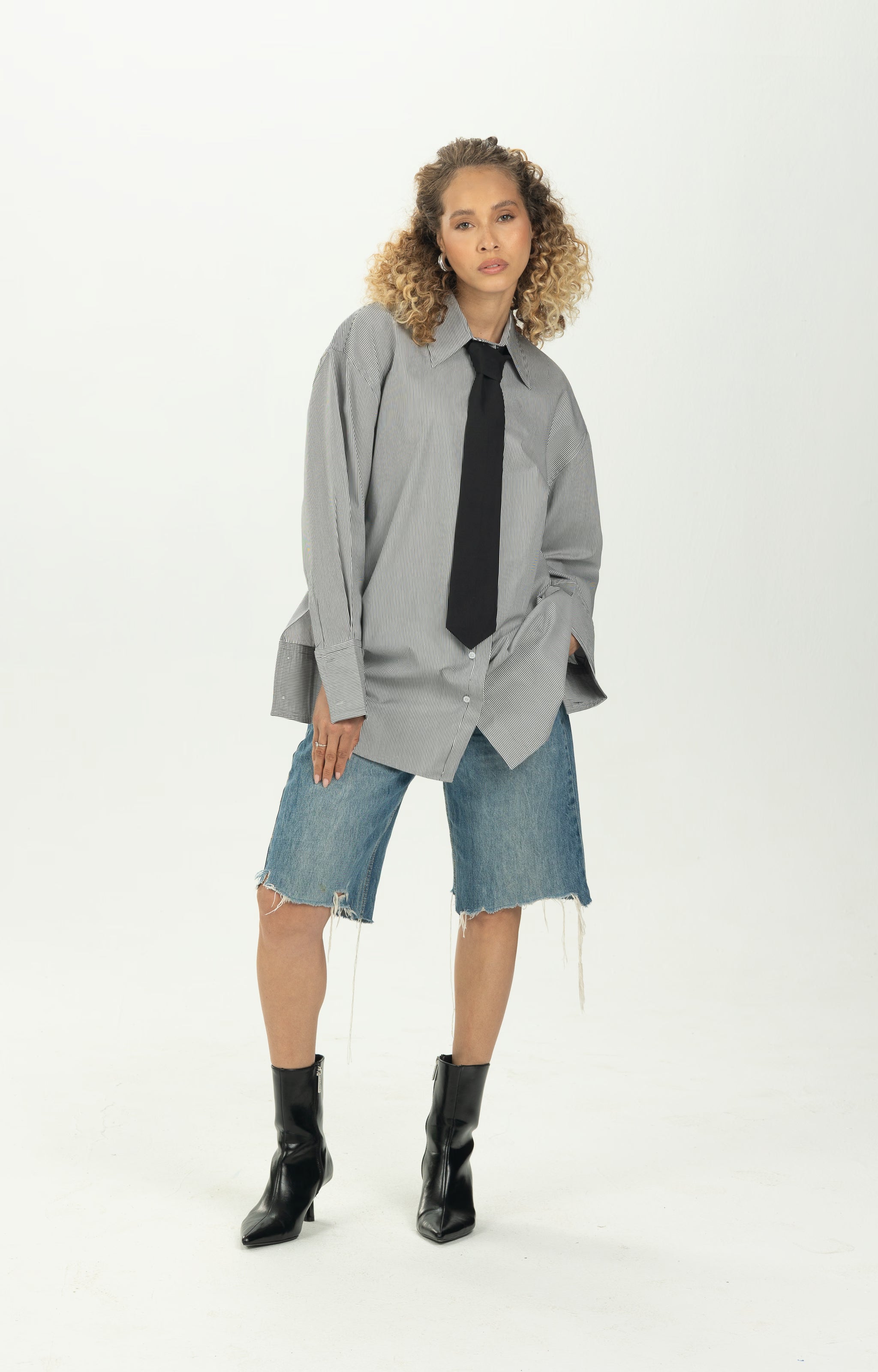 Striped Black Tie Detail Oversized Shirt