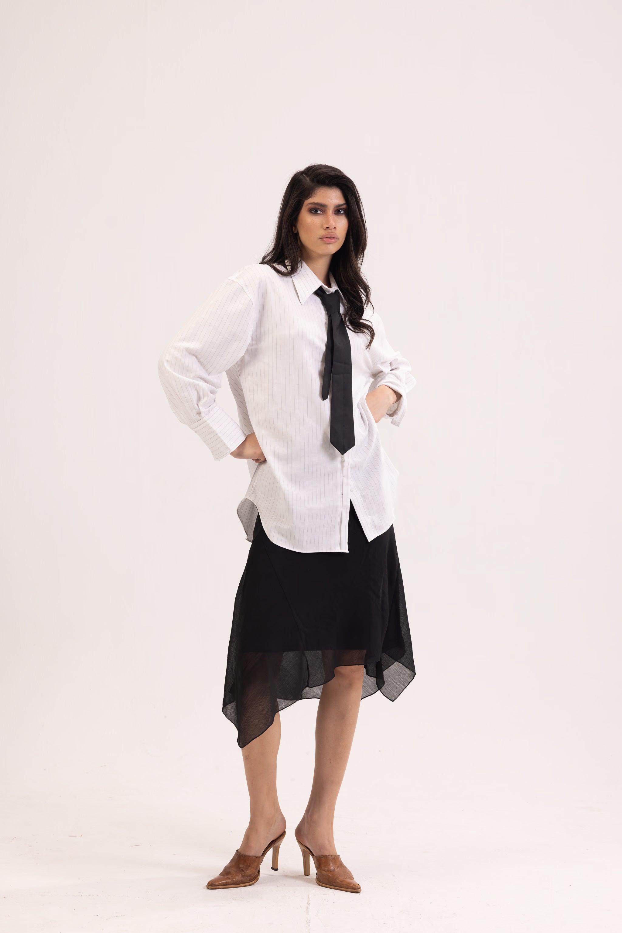 Striped White Tie Detail Oversized Shirt