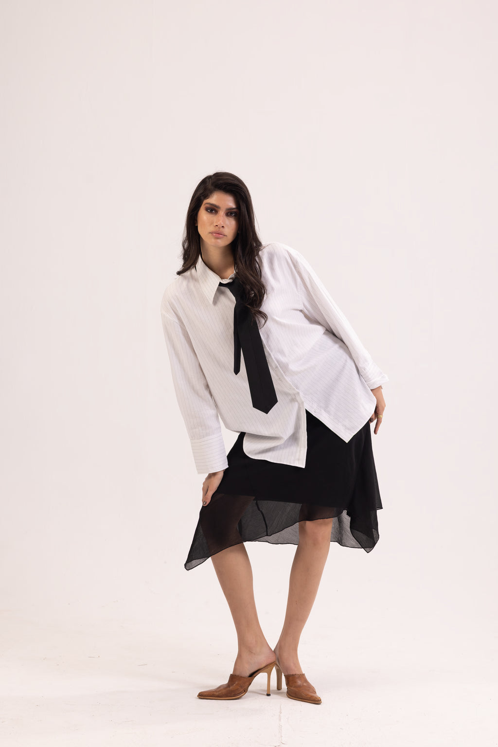 Striped White Tie Detail Oversized Shirt