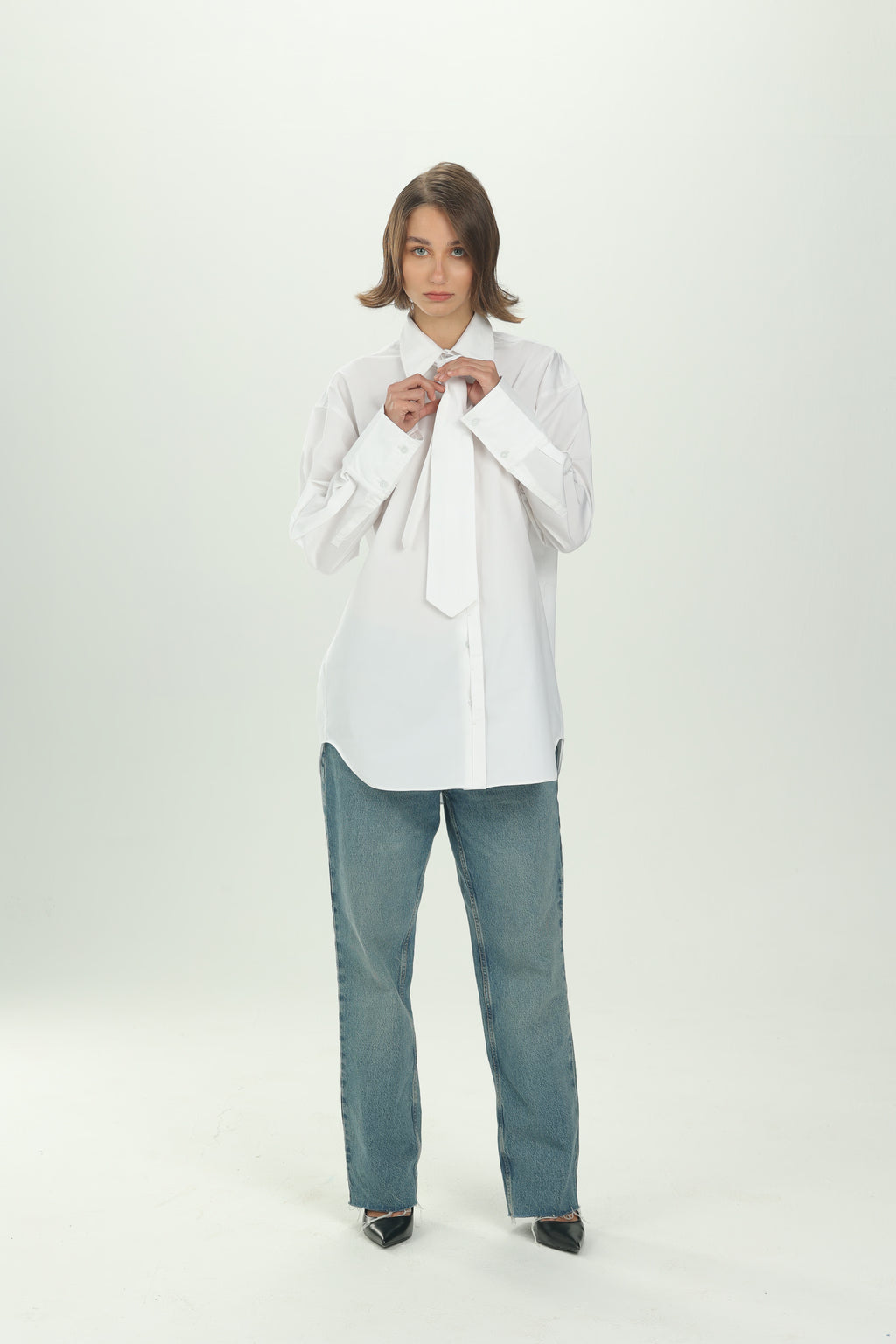 White Tie Detail Oversized Shirt