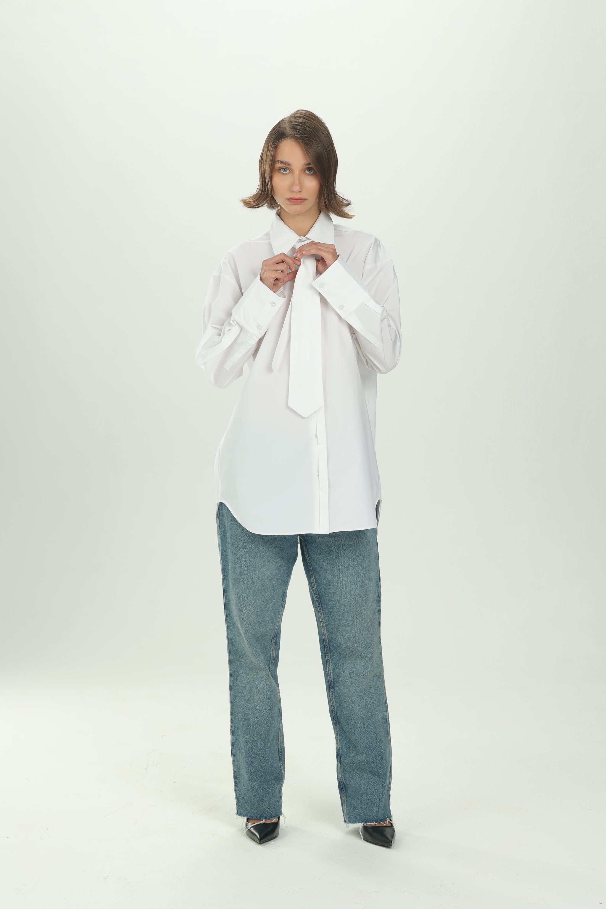 White Tie Detail Oversized Shirt
