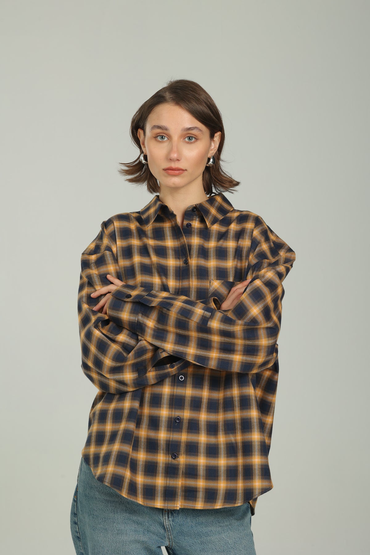Checked Navy Oversized Button-Down Shirt