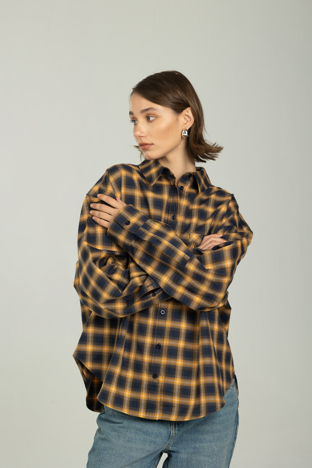 Checked Navy Oversized Button-Down Shirt