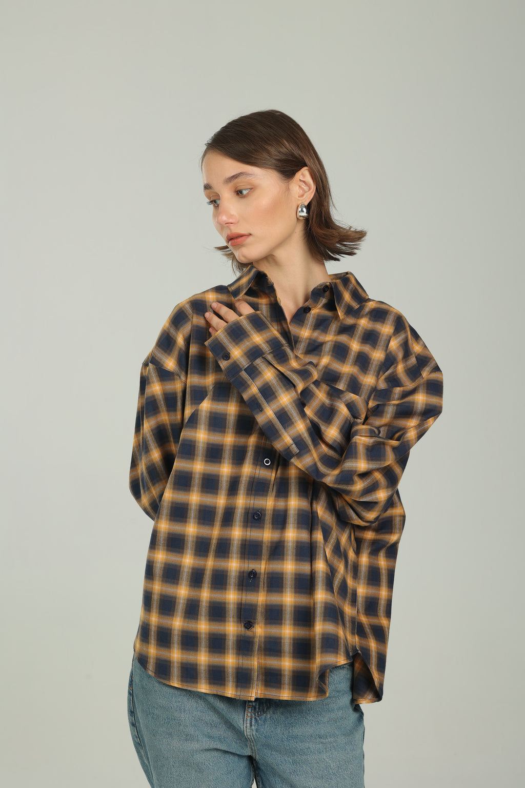 Checked Navy Oversized Button-Down Shirt