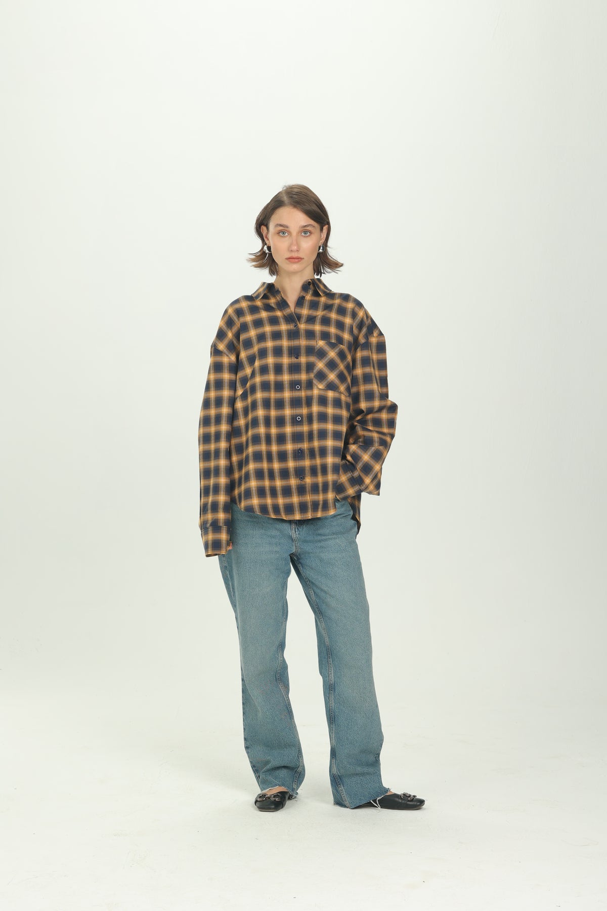 Checked Navy Oversized Button-Down Shirt