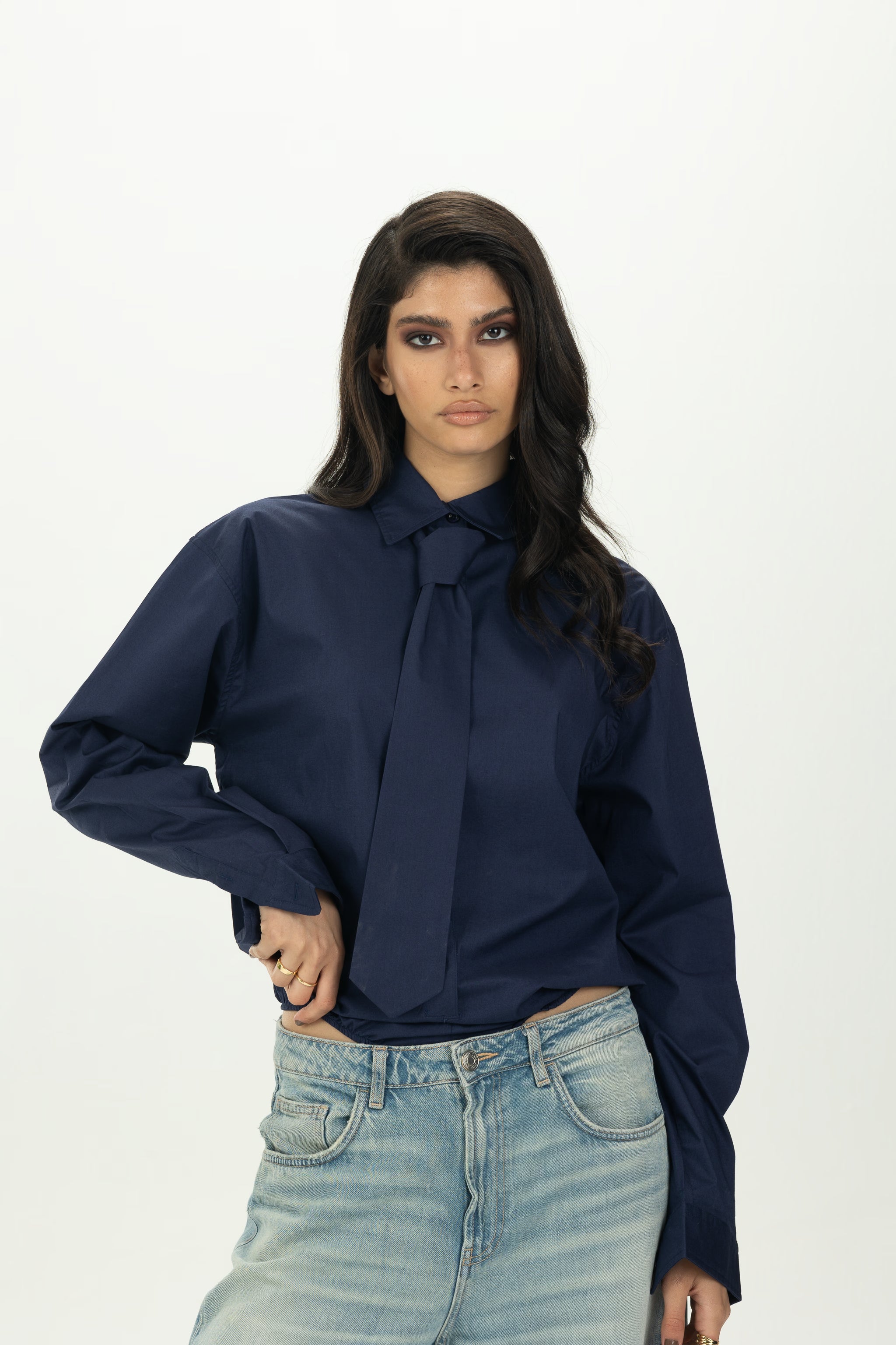 Navy Blue Necktie Bodysuit Shirt
