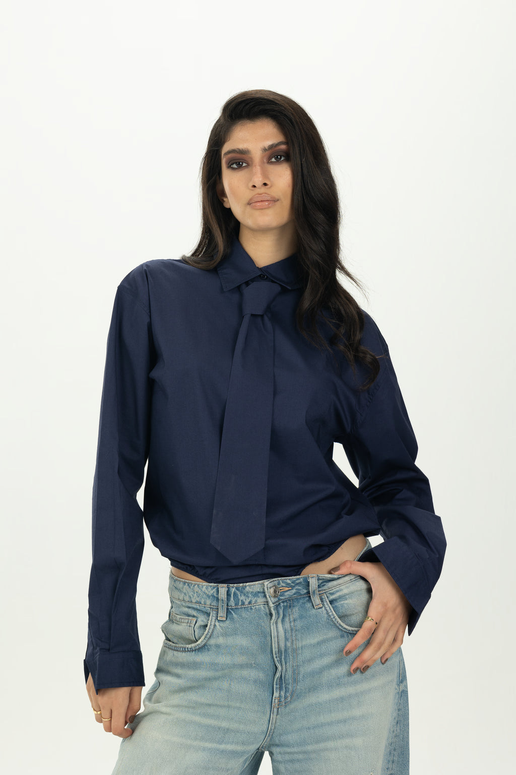 Navy Blue Necktie Bodysuit Shirt