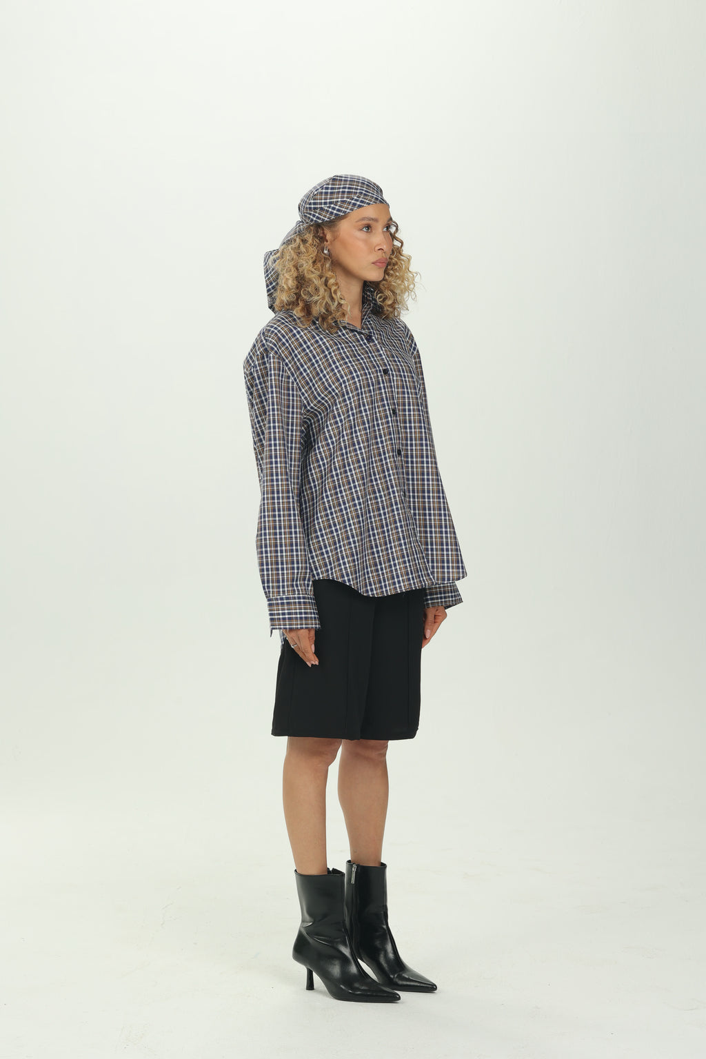 Checked Navy Multiway Shirt with Detachable Scarf