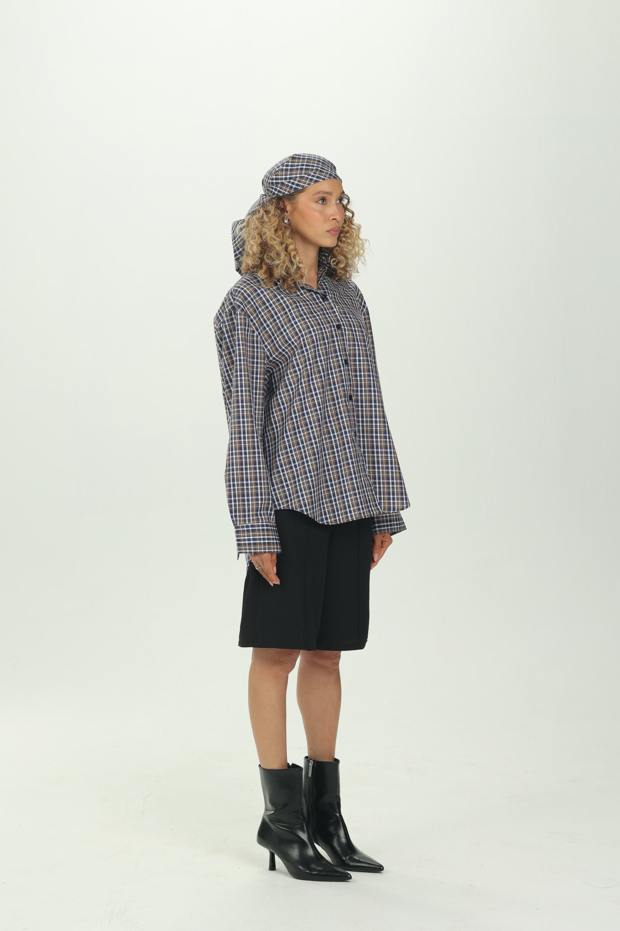 Checked Navy Multiway Shirt with Detachable Scarf