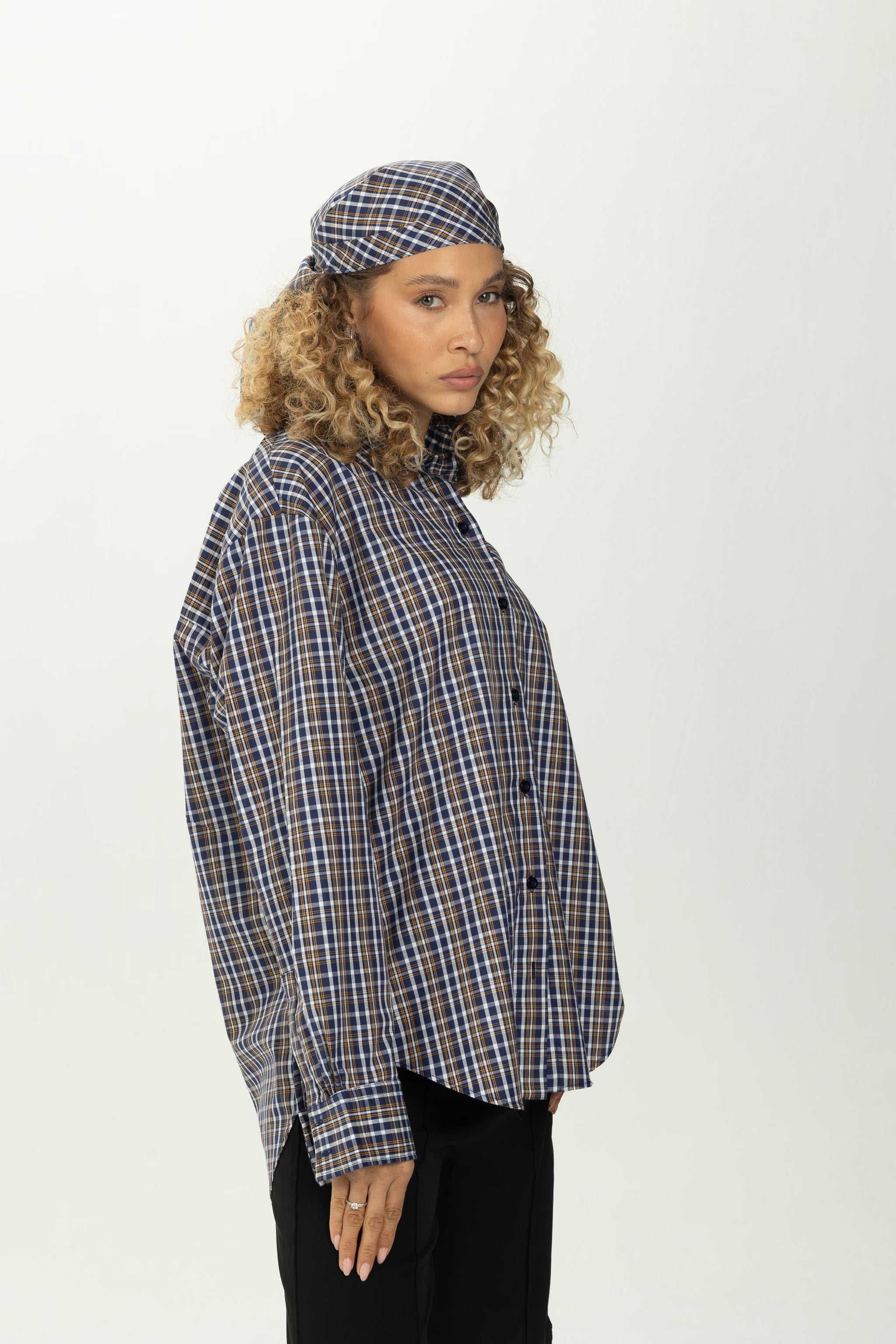 Checked Navy Multiway Shirt with Detachable Scarf