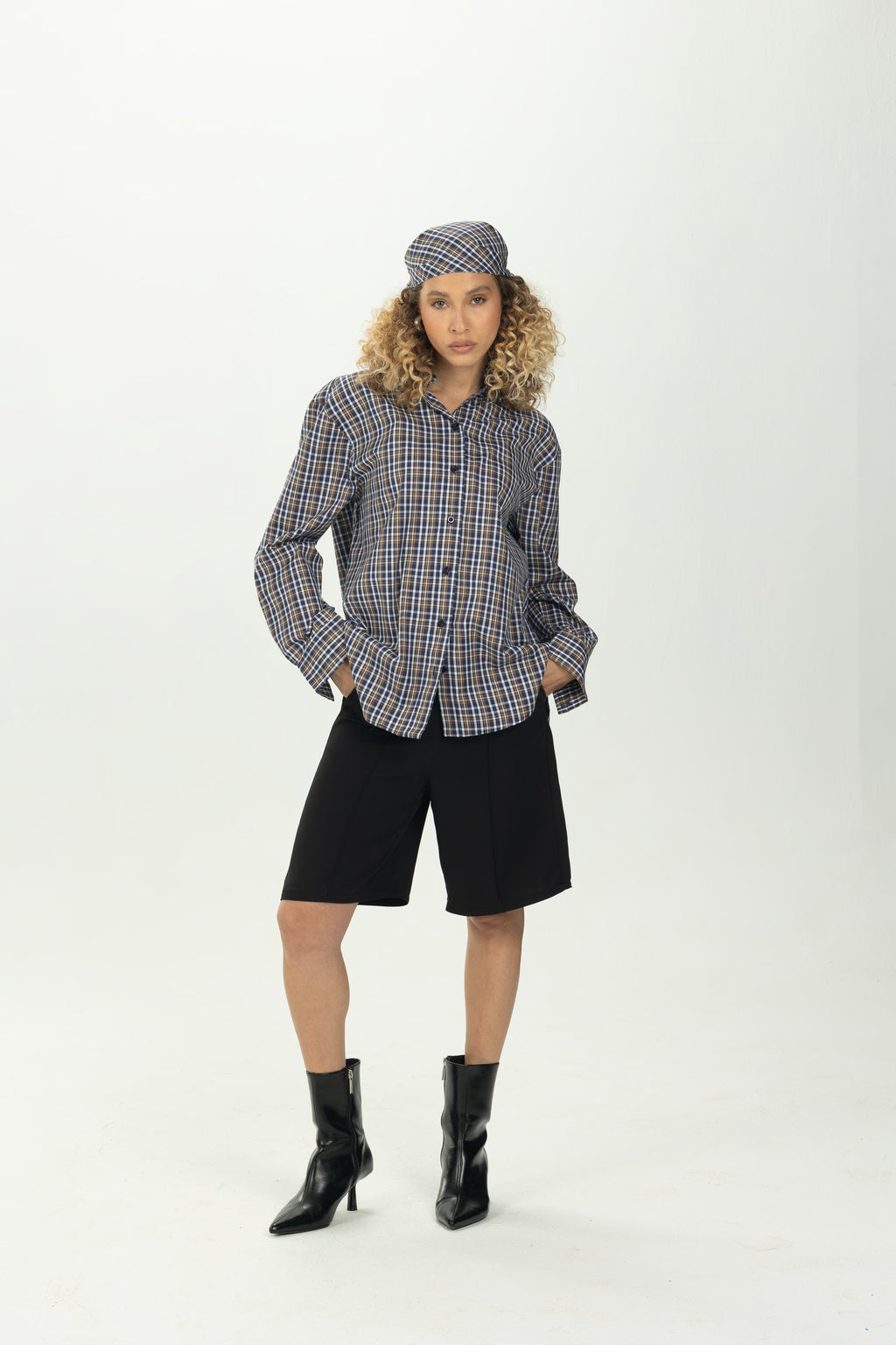 Checked Navy Multiway Shirt with Detachable Scarf
