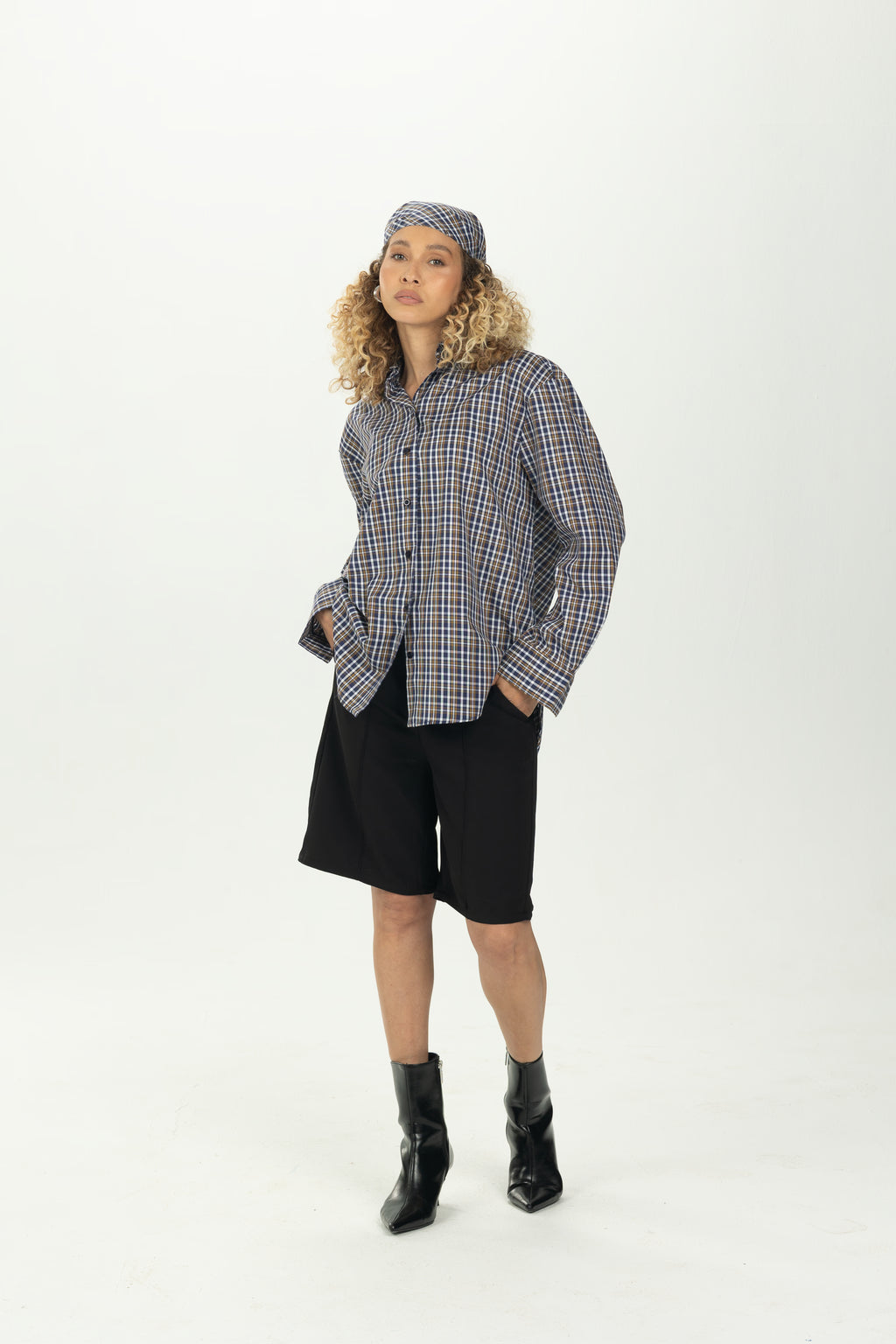 Checked Navy Multiway Shirt with Detachable Scarf
