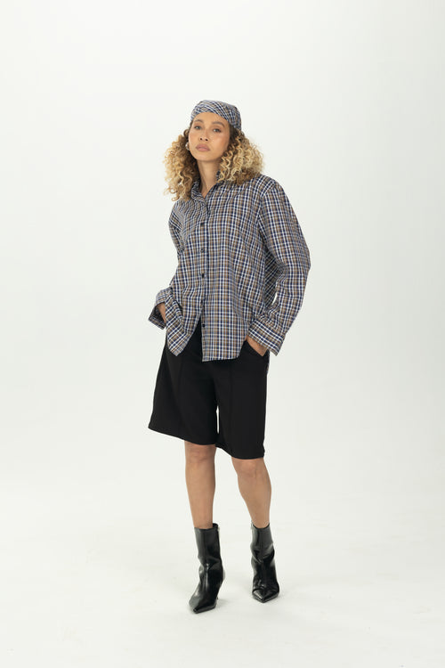 Checked Navy Multiway Shirt with Detachable Scarf
