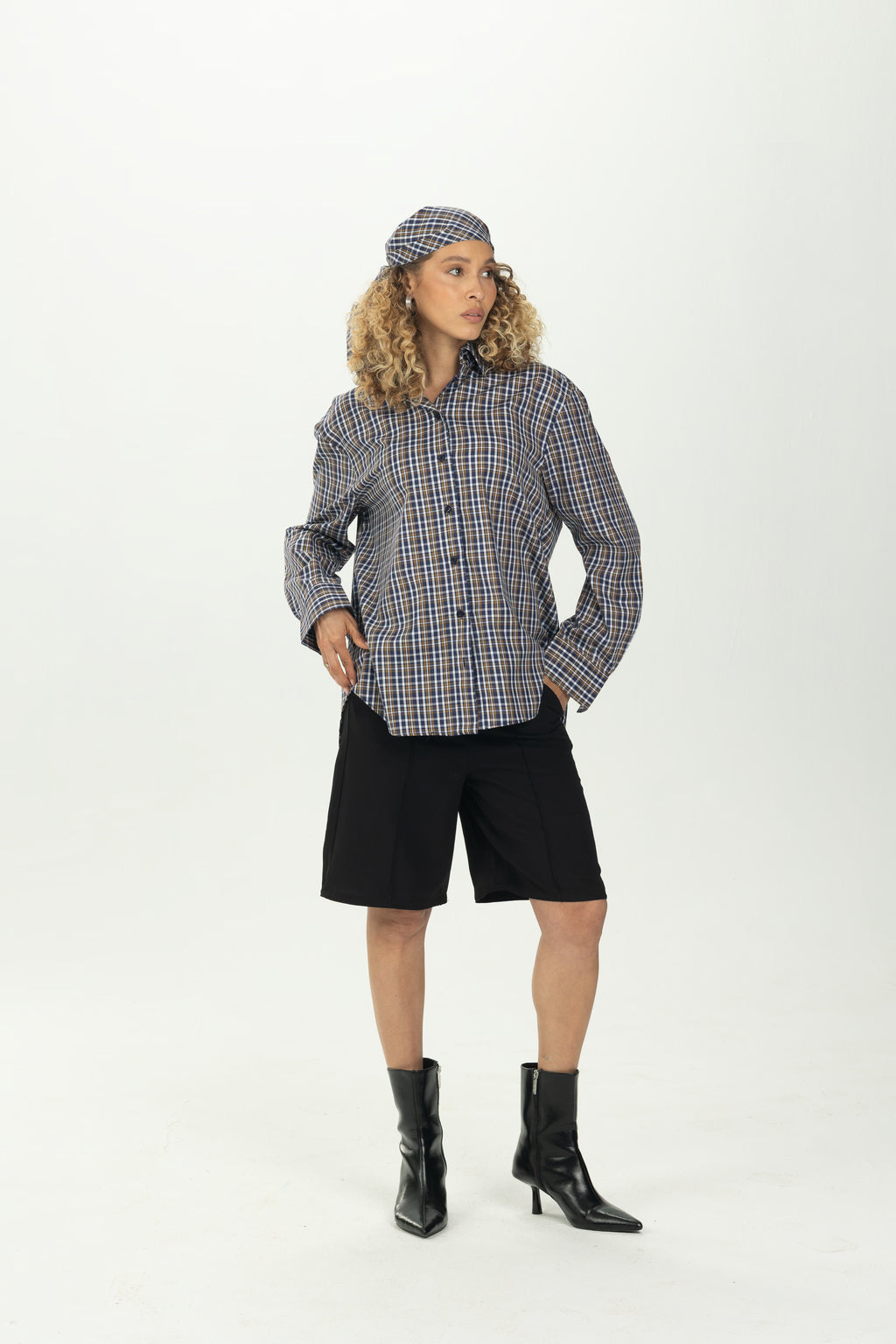 Checked Navy Multiway Shirt with Detachable Scarf