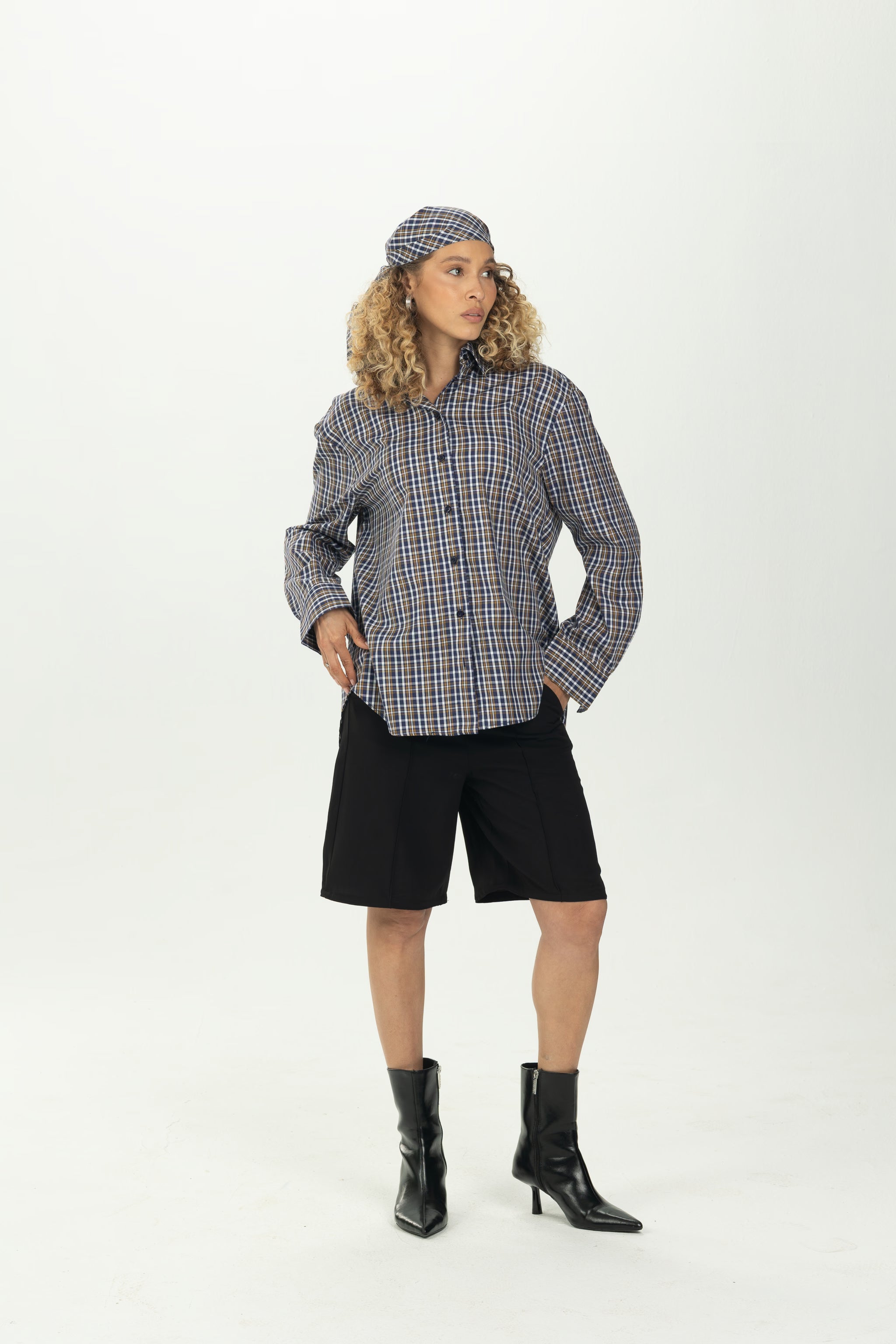 Checked Navy Multiway Shirt with Detachable Scarf
